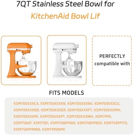 7QT Stainless Steel Mixer Bowl and Bowl Lid Covers for Kitchenaid Stand Mixers, Kitchen Aid Mixing Replacement Bowl for 7QT Lift Mixer with Handle, Dishwasher safe.