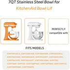 7QT Stainless Steel Mixer Bowl and Bowl Lid Covers for Kitchenaid Stand Mixers, Kitchen Aid Mixing Replacement Bowl for 7QT Lift Mixer with Handle, Dishwasher safe.