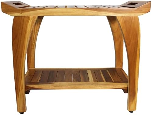 EcoDecors Tranquility 30 Inch Teak Wood Shower Bench with Shelf and LiftAide Arms in EarthyTeak Finish, Extended Height 24", Provides Safety, Storage, and Organization for Bathroom Accessories