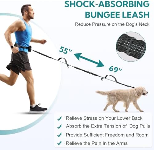 Hands Free Dog Leash with Pouch, Retractable Bungee with Double Padded Handles, Dog Waist Leash for Dog Walking, Dog Leashes with Bungee for Medium & Large Dog, Dog Walking Accessories