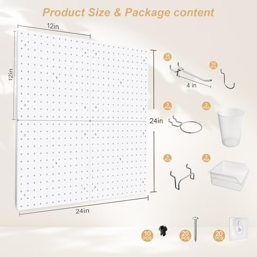 FZK Peg Board,36pcs Pegboard Kit, Includes 4 White Pegboard and Pegboard Accessories,Plastic Pegboard,Pegboard with Hooks,Pegboard Wall Organizer for Office, Craft Room Peg Board Organizer