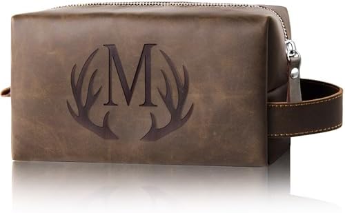 Mens Toiletry Bag Personalized Valentines Day Birthday Gifts for Men Him Initial PU Leather Waterproof Shaving Bag for Toiletries Accessories Travel Essential for Dad Husband Boyfriend (M)