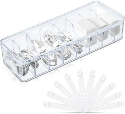 Tatuo 1 Pcs Cable Organizer with 10 Wire Ties, Clear Plastic Cord Storage Box with Lid for Home Office Desk Organizers and Accessories