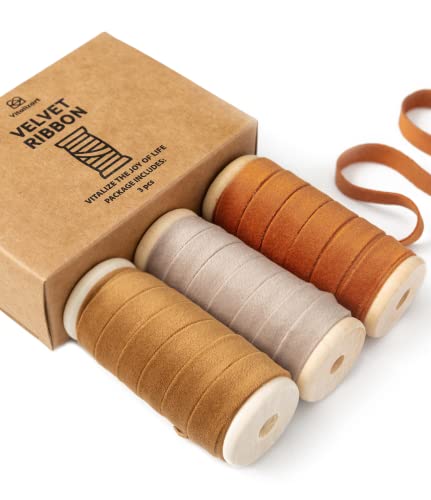 Vitalizart Fall Velvet Ribbon Set 3/8" x 15 Yd Wooden Spool Fabric Trim 3 Rolls * 5 Yd for Christmas Wreath Decoration Handmade Craft Ornaments Gift Wrapping & Bow Making