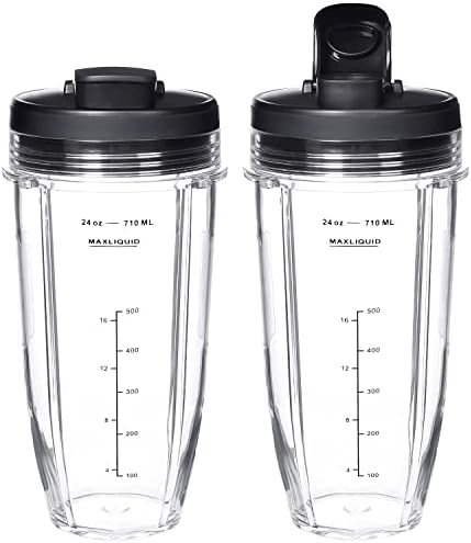 Replacement 24oz Blender Cup For Ninja BN401 BN751 BN801 BN800 BL450 BL456 BL480 Foodi SS401 SS101 TWISTi SS151 SS351 Cups Nutri Ninja Auto IQ Parts Lids Upgraded (2 Pack)