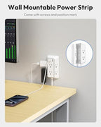 NTONPOWER 25ft Power Strip Flat Plug, Surge Protector Extension Cord with USB-C, Flat Surge Protector Power Strip, Mountable Surge Protector 3-Side for Home Office Accessories, White