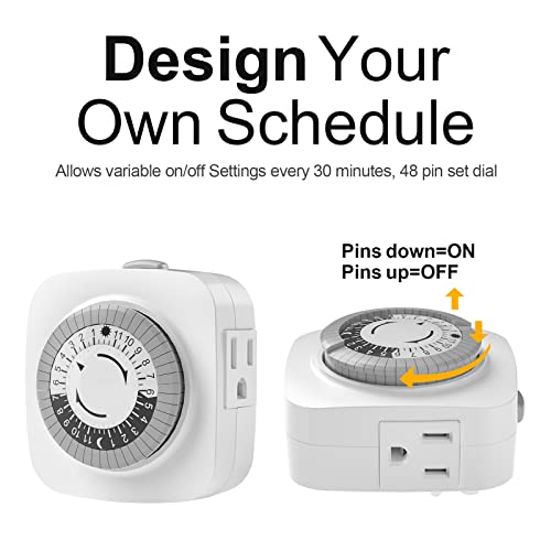24 Hour Indoor Mechanical Timer with 2 Ground 3 Plug Socket Timer，30 min Daily on/Off Cycle for Lamps, Christmas Tree Lights, ETL Certified, White，4 Pack