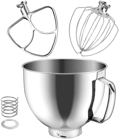 Stainless Steel Replacement Accessories Kit, Compatible With KitchenAid 4.5-5QT Tilt Head Stand Mixer, Includes Mixer Bowl, 6 Wire Whisk, Flat Beater, Fits for K45SS, KSM75