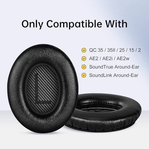Aurivor Replacement Ear-Pads for Bose Quiet-Comfort QC 35 (ii) 25 15 2 Headphones, Tear-Proof Cushion for QC35 (ii) QC25 QC15 QC2 SoundTrue/SoundLink AE2/AE2i/AE2w Around-Ear Headphones (Black)