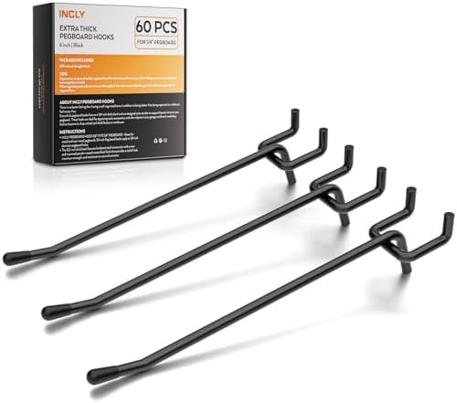 INCLY 60 Pack 6 Inch Black Pegboard Hooks, 1/4" Heavy Duty Peg Board Shelving Hooks Accessories, Peg Board Tool Hangers Only Fit 1/4" Pegboard Hanging Tools Garage, Craft Organizing, Kitchen, Store