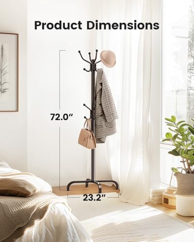 Pipishell Coat Rack with 14 Hooks, Freestanding Coat Rack Stand for Entryway, Hallway, Bedroom, and Office, Metal Coat Tree & Hat Rack for Coats, Hats, and Bags, Brown