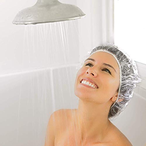 Auban 100PCS Disposable Shower Caps Individual Packing, Plastic Clear Hair Cap Large Thick Waterproof Bath Caps for Women, Hotel Travel Essentials Accessories Deep Conditioning(19.3")