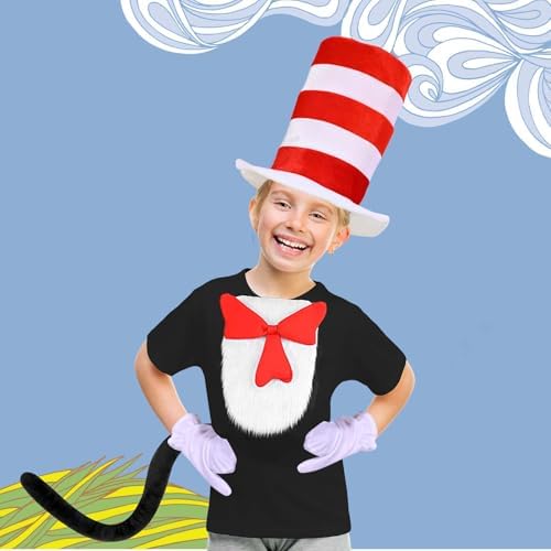 4 Pcs Cat Costume Set Include Top Hat,Oversized Bowtie with Fur,Gloves and Tail for Kids World Book Day Dress Up