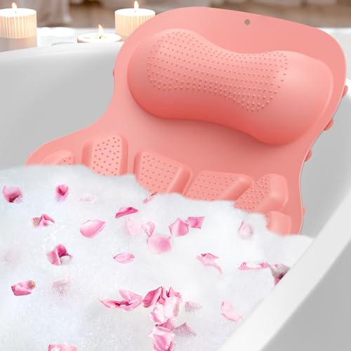 Bath Pillow Luxury Bathtub Pillow, Bath Pillows for Tub Head Neck and Back Support, Non-Slip Soft Silicon Bath Tub Pillow with Strong Suction Cup, Bath Accessories Spa Gifts, Pink