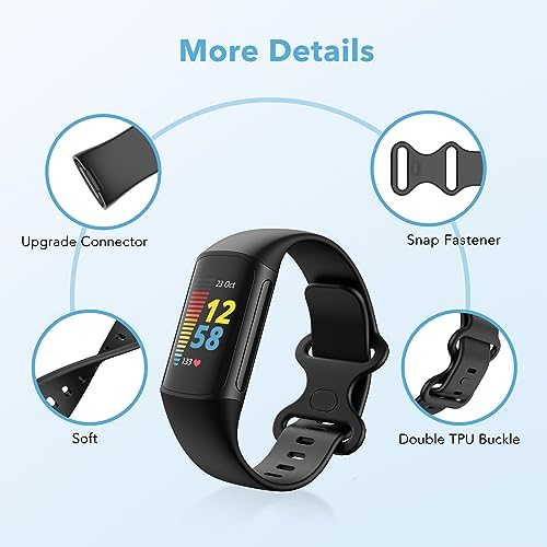 2 Pack Waterproof Bands Compatible with Fitbit Charge 5 / Fitbit Charge 6 for Women Men, Classic Soft Sports Replacement Wristbands for Women Men (Large 7.1''-9.1'', black/grey)