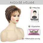 TISHINING Pixie Cut Short Brown Wigs for Women Dark Brown Mixed Blonde Layered Short Hair Wig with Bangs Natural Looking Daily Party Synthetic Hair Replacement Wig