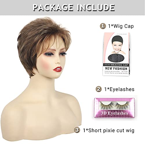 TISHINING Pixie Cut Short Brown Wigs for Women Dark Brown Mixed Blonde Layered Short Hair Wig with Bangs Natural Looking Daily Party Synthetic Hair Replacement Wig