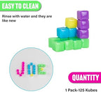 KOMARC GAMES StickiKubes, Mini Stacking Cubes That Stick to Anything, Non Toxic Kid Safe Sticky Blocks, Creative Construction Toy - 125 Cubes, 5 Neon Colors, Tub