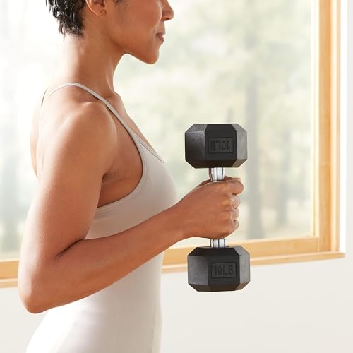 Amazon Basics Rubber Hex Dumbbell Hand Weight, 10 pound, Single, Black