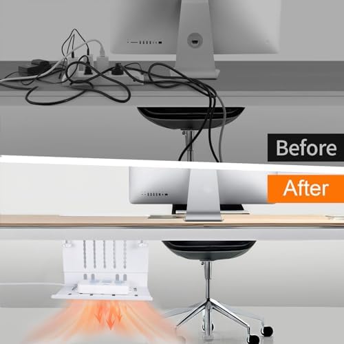 LUKETURE Desk Side Storage, Laptop Holder with Cable Management Tray, 2 in 1 Steel Under Desk Laptop Mount, Table Organization, Space Saving Table Accessories for Office and Home (White)