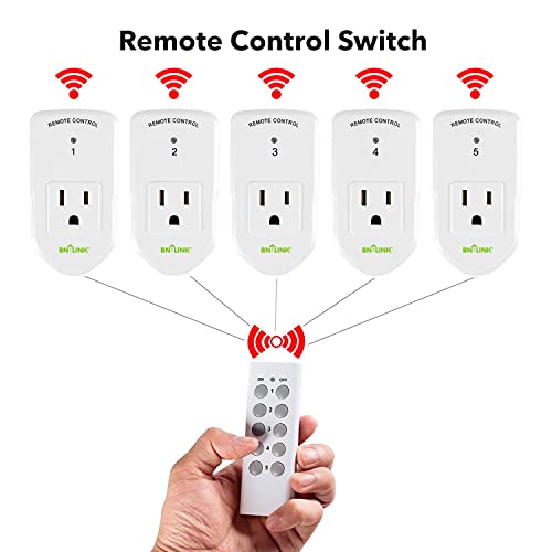 BN-LINK Wireless Remote Control Electrical Outlet Switch for Lights, Fans, Christmas Lights, Small Appliance, Long Range White (Learning Code, 5Rx-2Tx) 1200W/10A