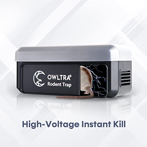 OWLTRA OW-7 in-/Outdoor Electric Rodent Trap, Instant Kill Mouse with Waterproof Cover, Sound & Light Alarm, and Batteries or USB Power Source, Waterproof Grade IPX4, Black