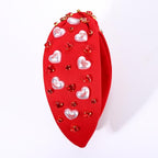 Valentine’s Day Heart Headbands for Women Valentine’s Day Accessories Jeweled Beaded Heart Knotted Headband Pink Red Rhinestone Wide Top Knot Headband Valentine Party Favors Gifts (Pearl Heart)