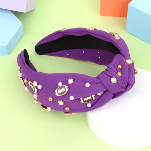 YARIEW Football Headband for Women Pearl Rhinestone Jeweled Knotted Headband Fashion Headband Wide Game Day Sports Hair Accessories Gift for Football Mom Fans Christmas (Purple)