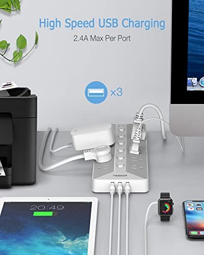 Power Strip with USB, Individual Switches, TESSAN 12 Outlets and 3 USB Ports, Long Extension Cord 6 Feet with Surge Protector for Home, Dorm and Office Accessories, 1700J Protection, Gray