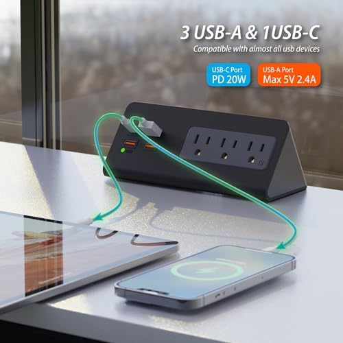 Upgraded,Desk Edge Clamp Mount Power Strips with USB Ports, PD20 W Fast Charging USB-C Port and 3 AC Outlets, Nightstand Charging Station,Office Tabletop Accessories,5.6 Ft Extension Cord