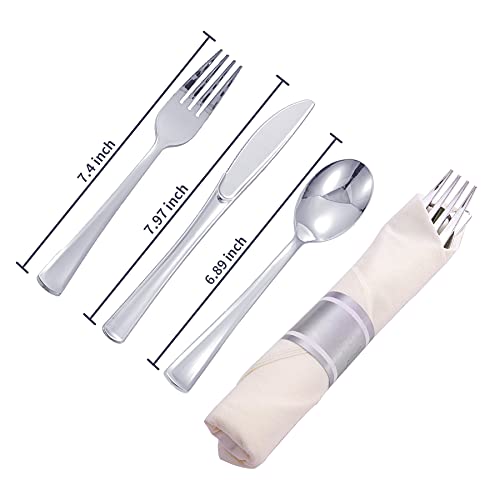 N9R 75 Pack Pre Rolled Silver Plastic Cutlery Set, Wrapped Plastic Silverware Set with 75 Forks, 75 Knives, 75 Spoons and 75 Napkins, Disposable Cutlery Set for Party and Wedding