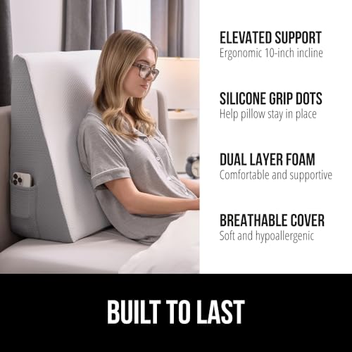 GORILLA GRIP Bed Wedge Ergonomic Sleeping Pillow, Soft Dual Layer Memory Foam, Stay in Place Dots, Breathable, Headboard Triangle Sleep Support for Reading Acid Reflux Anti Snoring, 10in White Gray