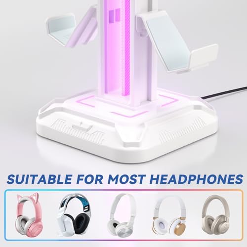 KDD Headset Stand with 9 Light Modes - Controller Holder for Desk - Rotatable Headphone Stand & Detachable Controller Hook for PC Earphone Accessories(White)