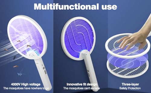 VLISBO Electric Fly Swatter 4000V 2 in 1 Bug Zapper Racket Fly Killer Mosquitoes Trap Lamp Rechargeable with 1200mAh Battery for Indoor Home Office Backyard Patio Camping (1 Pack)-White