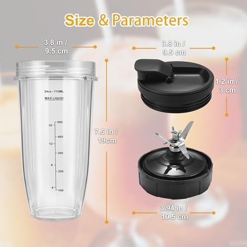 Blender Replacement Parts for Ninja, 24oz Ninja Blender Cups with To-Go Lids, 7 Fins Extractor Blade, Compatible with Nutri Ninja Auto iQ Blenders BL2012, BL2013, BL450, BL480