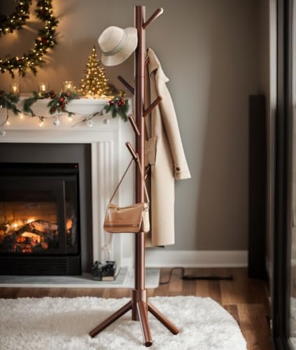 Pipishell Sturdy Wooden Coat Tree with 8 Hooks, 3 Adjustable Sizes for Clothes, Hat Stand Used in Bedroom/Office/Entryway, Brown