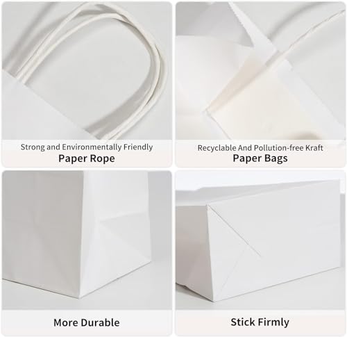 RACETOP 100 Pack Small Gift Bags 5.8x3.2x8.25 Inch White Kraft Paper Bags with Handles Bulk, Retail Shopping Bags for Birthday Party Favors, Grocery, Wedding, Craft