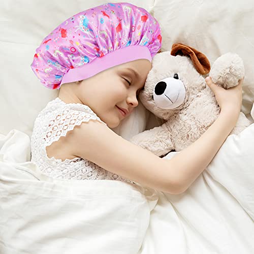 4 PCS Kids Satin Bonnet Child Sleeping Cap,Soft Silk Bonnet Elastic Wide Band,Breathable Baby Bonnets Night Sleep Caps,Colorful Night Hats for Girls Toddler Teens Natural Hair (Unicorn)