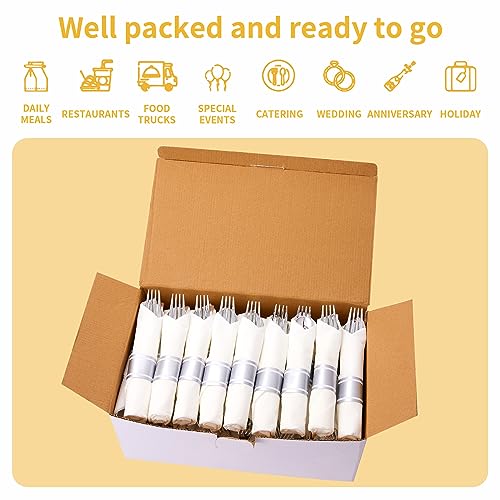 N9R 75 Pack Pre Rolled Silver Plastic Cutlery Set, Wrapped Plastic Silverware Set with 75 Forks, 75 Knives, 75 Spoons and 75 Napkins, Disposable Cutlery Set for Party and Wedding
