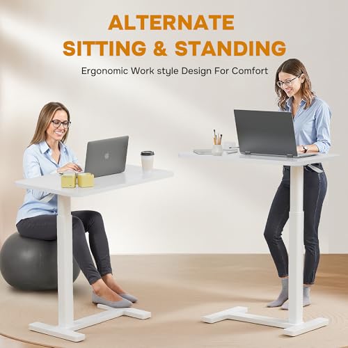 Simple Deluxe Overbed Bedside Table with Hidden Casters, Adjustable Pneumatic Mobile Laptop Computer Standing Desk, Rolling Laptop Table, Movable Overbed Table Hospital Home Use, White