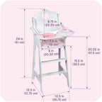 Badger Basket Wooden Doll High Chair with Feeding Tray, Bib, Personalization Kit, and Accessories - Fits 18-Inch Dolls, White with Pink Gingham Seat for Pretend Play