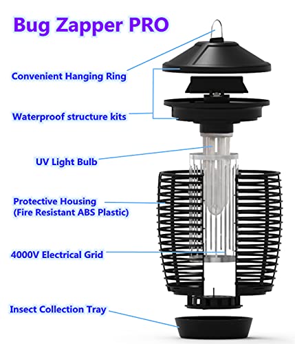Outdoor & Indoor Waterproof Insect Repellent - Flying Bug Trap, 20W / 4000V Electric Mosquito Killer (3 Blubs) - for Backyard, Yard, Home
