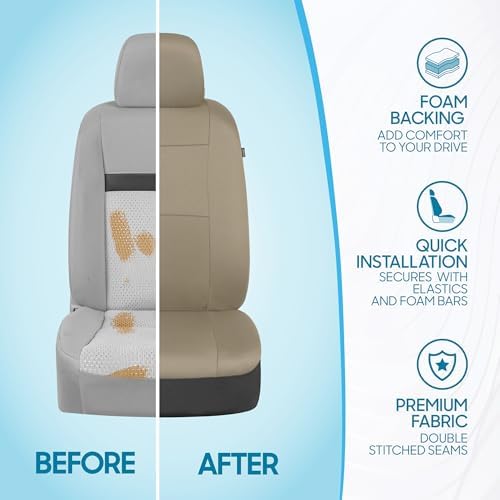 BDK PolyPro Car Seat Covers Full Set in Solid Beige, Front and Rear Split Bench Seat Covers for Cars, Easy to Install Car Seat Cover Set, Car Accessories for Auto Trucks Van SUV - Solid Beige