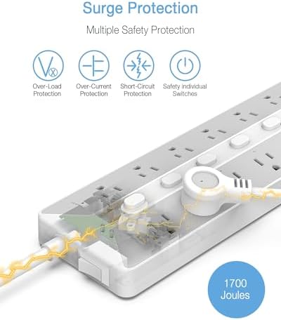 Power Strip with USB, Individual Switches, TESSAN 12 Outlets and 3 USB Ports, Long Extension Cord 6 Feet with Surge Protector for Home, Dorm and Office Accessories, 1700J Protection, Gray