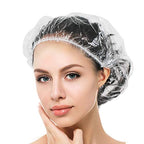 Auban 100PCS Disposable Shower Caps Individual Packing, Plastic Clear Hair Cap Large Thick Waterproof Bath Caps for Women, Hotel Travel Essentials Accessories Deep Conditioning(19.3")