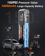 Tire Inflator Portable Air Compressor - 4X Air Pump for Car Tires, 150PSI&10000mAh Portable Tire Inflator for Car, 12DC Air Pump with Pressure Gauge/LED Light, Bike/Motorcycle/Ball/Car Accessories