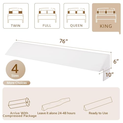 Bedluxe King Bed Wedge Pillow for Headboard, Foam Headboard Pillow, Bed Gap Filler, Mattress Wedge, Mattress Gap Filler King - Fill The Gap (0-7") Between Headboard and Mattress (White, 76"x10"x6")