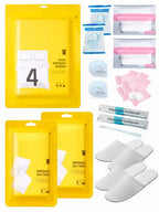 Extguds Disposable Travel Set : Bed Sheet×1+Duvet Cover×1+Pillow case×2+Bath Towels×2+Shower Caps×2+Plastic Bathtub Bag×2+Toilet Seat Covers×2+Compression face Towel×8+Toothbrushes×2+Slippers×2