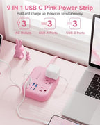 6 USB(3 USB C) Pink Power Strip- 5Ft Pink Extension Cord with 6 USB Charging Station 24W/4.8A and 3 Outlets, Pink Desk Accessories for Cruise Travel Pink Cute Kawaii College Dorm Desk Home Essentials