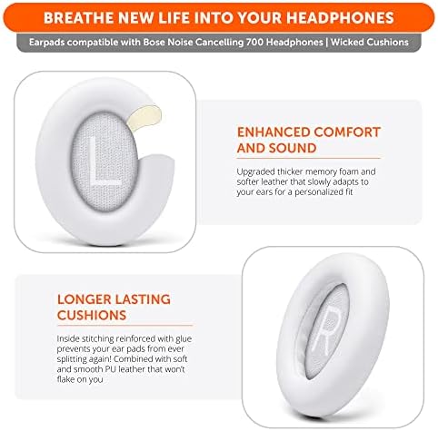 WC Wicked Cushions Upgraded Replacement Ear Pads for Bose 700 Noise Cancelling Headphones (NC700) - Softer PU Leather, Luxurious Memory Foam, Added Thickness, Extra Durable Ear Cushions | (White)